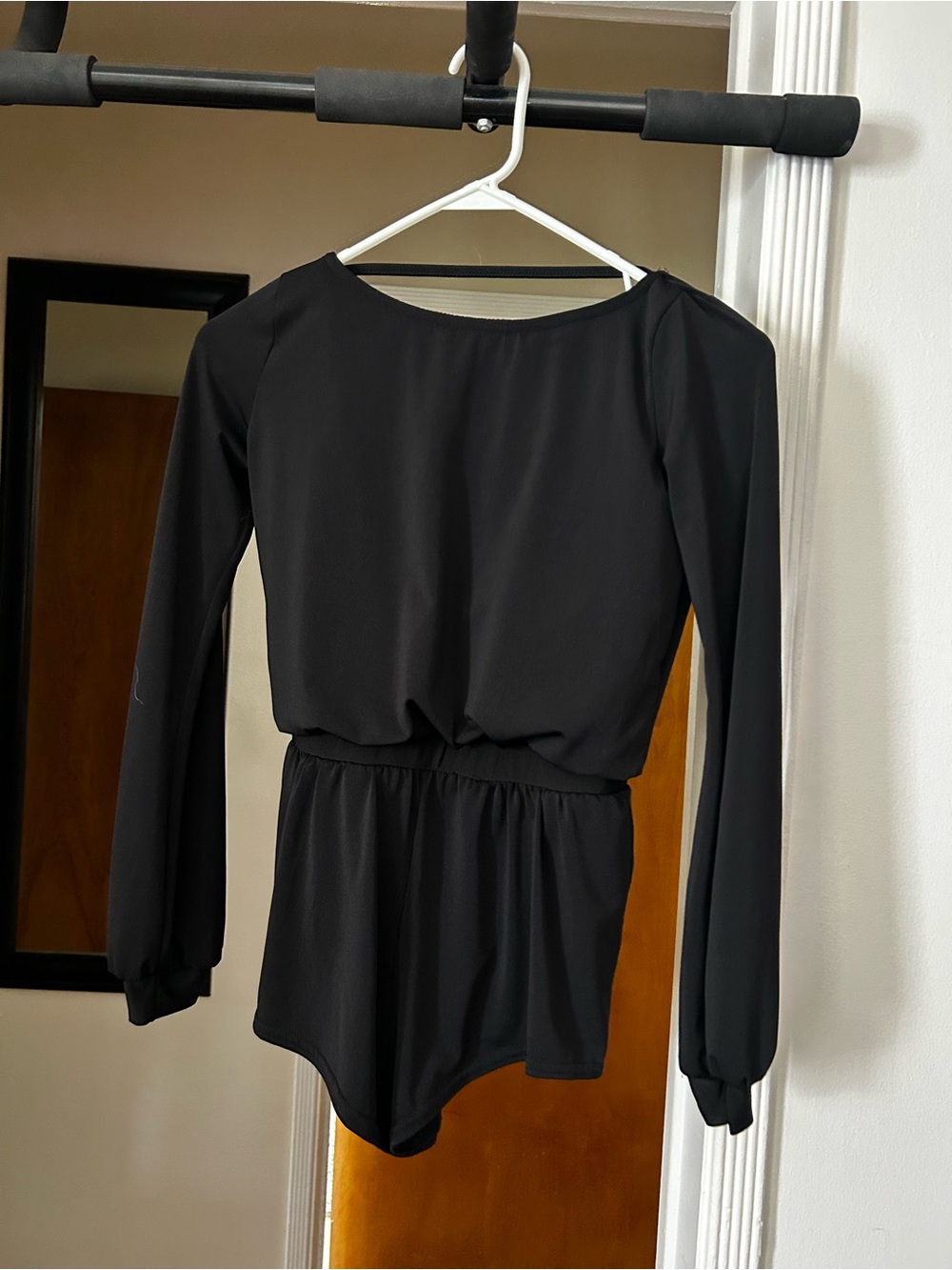 Weissman Black Long-Sleeve Romper with Open Draped Back. Attached Leotard. SZ LC